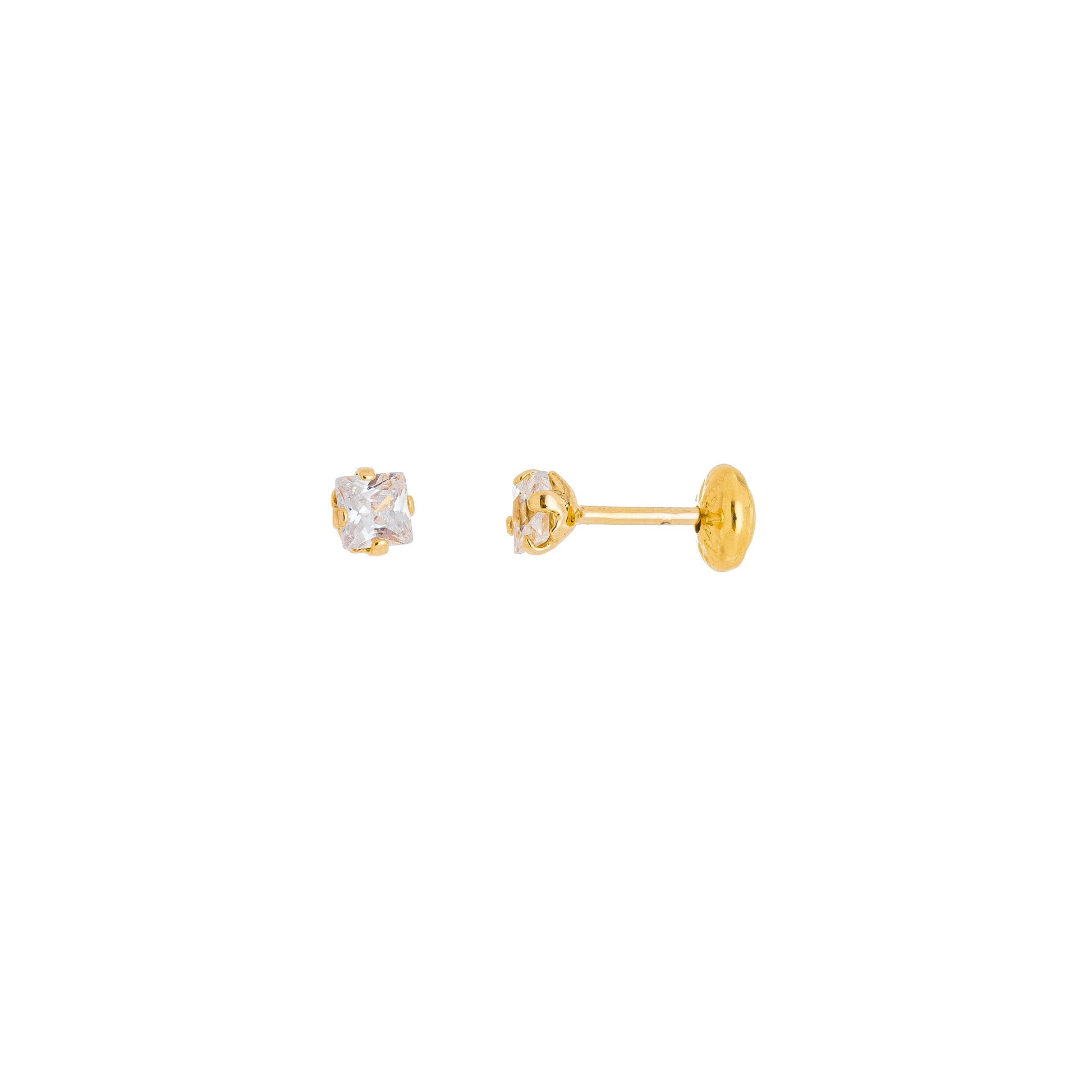 Brinco com zircônia quadrada e tarraxa baby (infantil) banhado a ouro 18k - Biju & Cia.