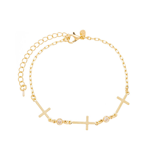 Pulseira cruz e pedras banhada a ouro 18k
