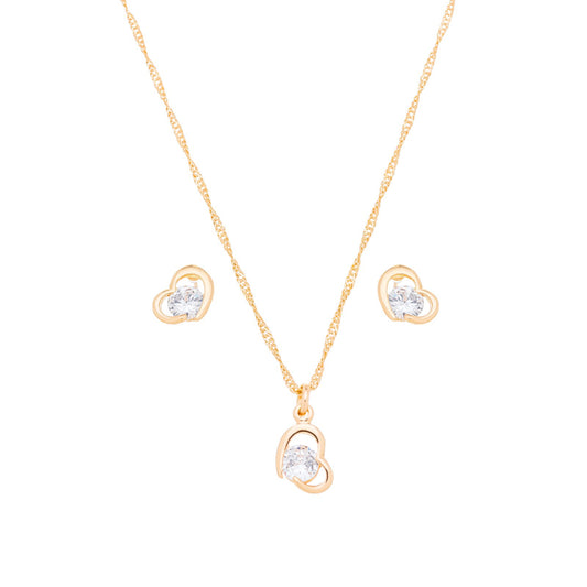Conjunto coração com zircônia banhado a ouro 18k