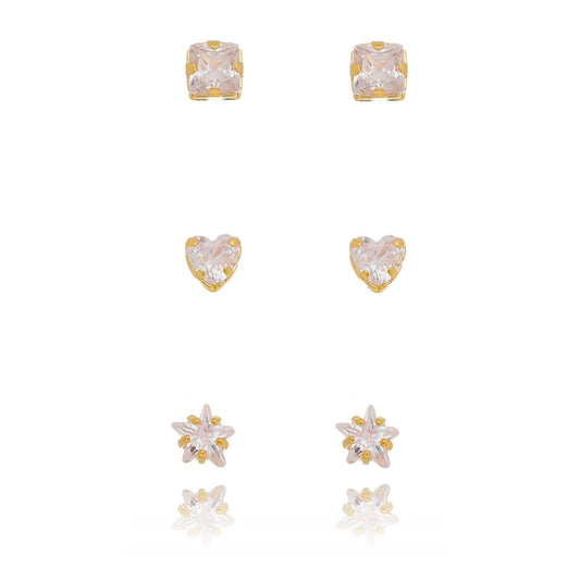 Trio de brincos de zircônia quadrado, coração e estrela banhado a ouro 18k - Biju & Cia.
