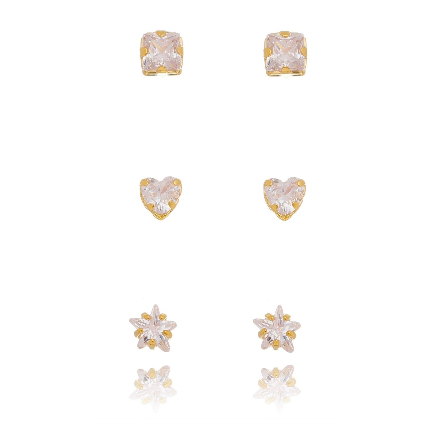 Trio de brincos de zircônia quadrado, coração e estrela banhado a ouro 18k - Biju & Cia.
