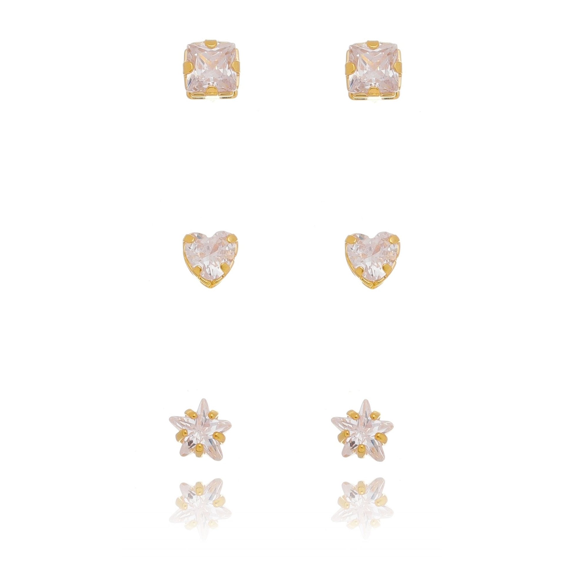 Trio de brincos de zircônia quadrado, coração e estrela banhado a ouro 18k - Biju & Cia.