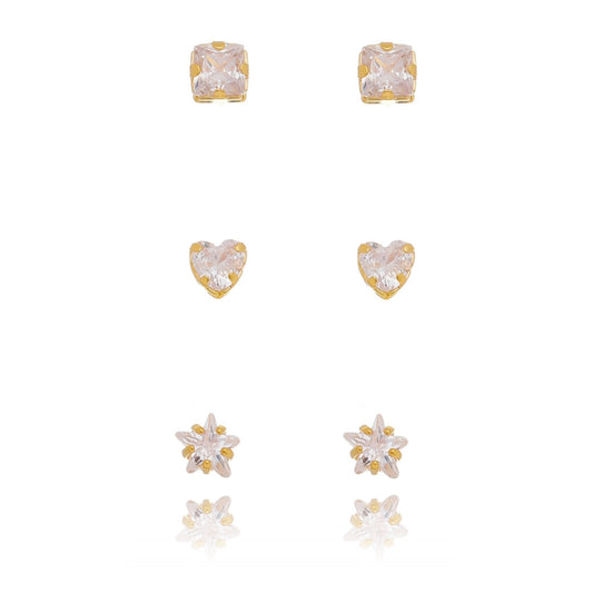 Trio de brincos de zircônia quadrado, coração e estrela banhado a ouro 18k - Biju & Cia.