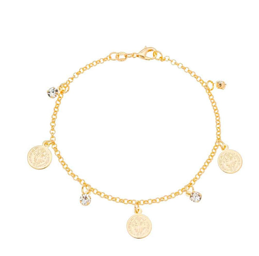 Pulseira com medalha de São Bento e pedras banhada a ouro 18k - Biju & Cia.