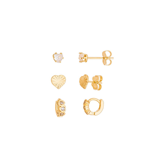 Trio de brincos com corações banhado a ouro 18k