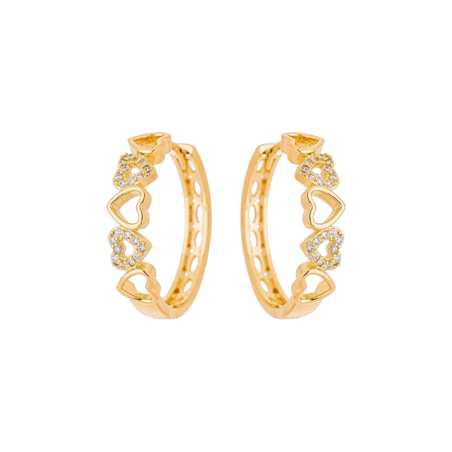 Brinco de argola articulada com corações e zircônias banhado a ouro 18k - Biju & Cia.