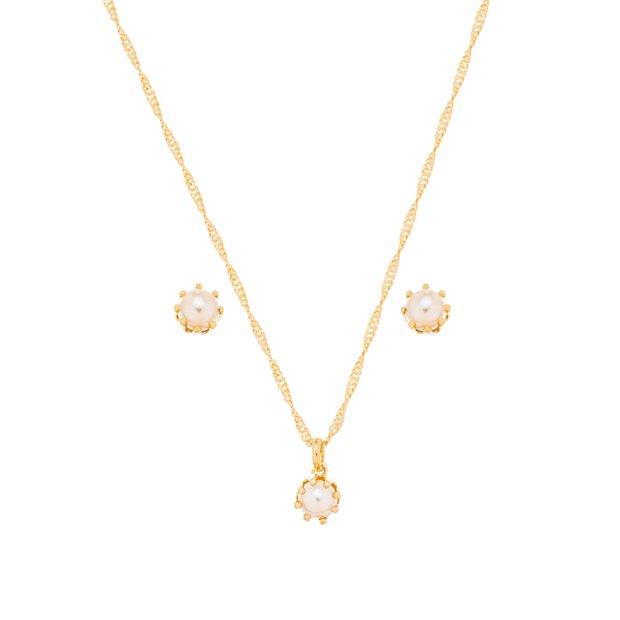 Conjunto pérola banhado a ouro 18k