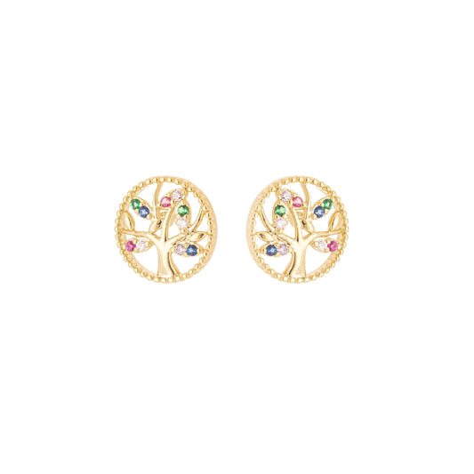 Brincos de árvore da vida com zircônias coloridas banhado a ouro 18k - Biju & Cia.