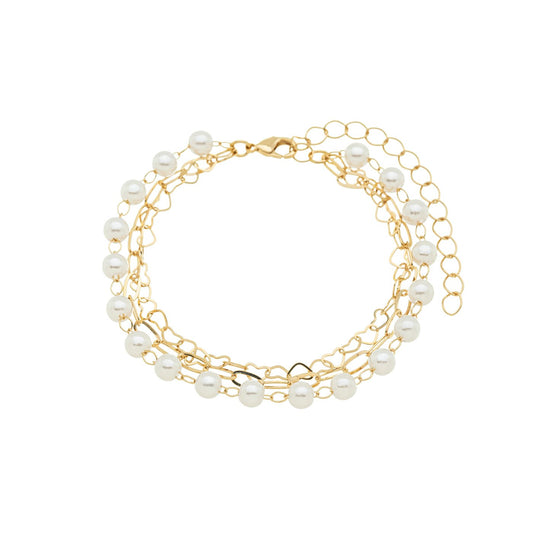 Pulseira tripla com pérolas e corações banhada a ouro 18k - Biju & Cia.