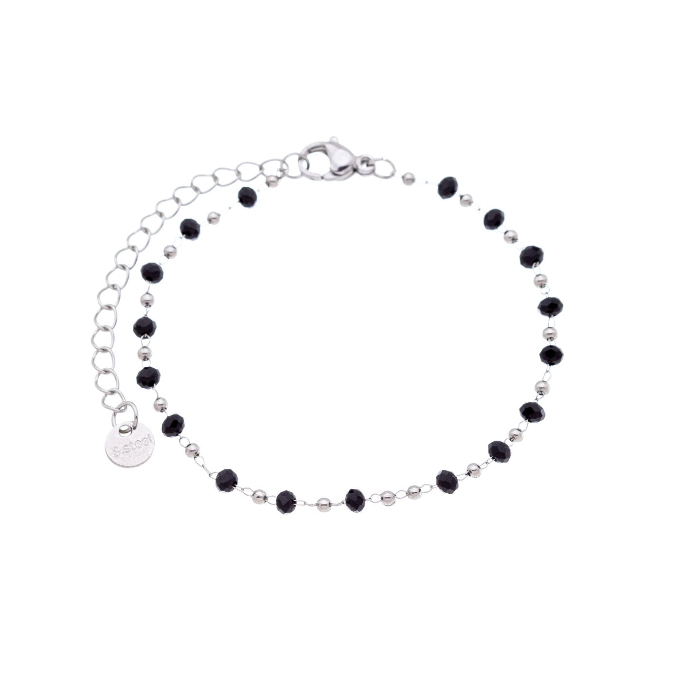 Pulseira com bolinhas e cristais pretos em aço inox - Biju & Cia.