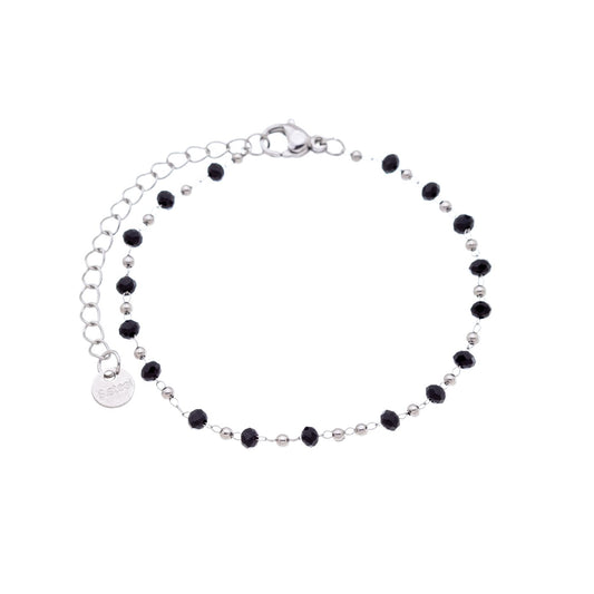 Pulseira com bolinhas e cristais pretos em aço inox - Biju & Cia.