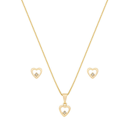 Conjunto coração com pedra banhado a ouro 18k