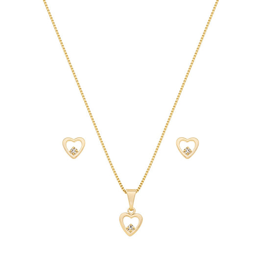 Conjunto coração com pedra banhado a ouro 18k