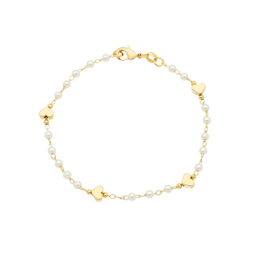 Pulseira pérolas e corações banhada a ouro 18k