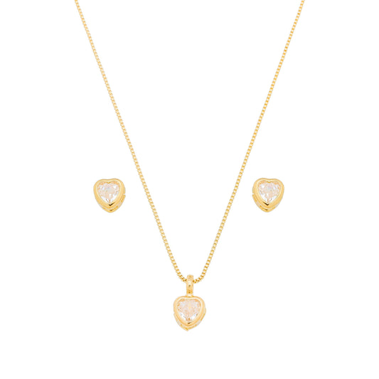Conjunto coração de zircônia cravação inglesa banhado a ouro 18k - Biju & Cia.