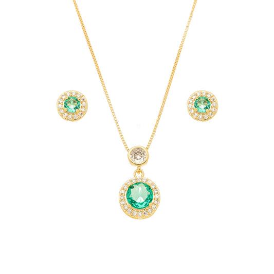 Conjunto redondo de zircônias cravejadas banhado a ouro 18k
