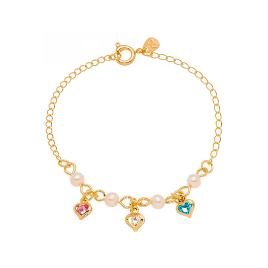 Pulseira infantil corações coloridos e pérola banhada a ouro 18k