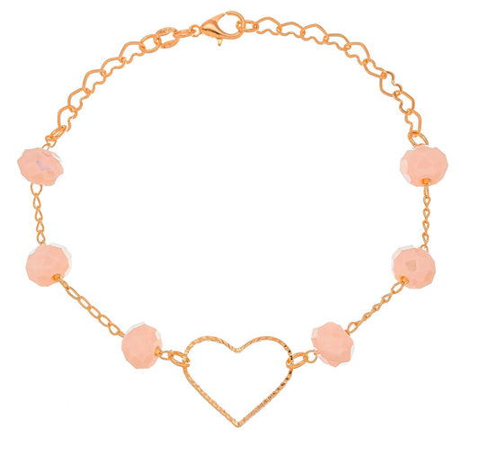 Pulseira coração e cristais rosa bebê banhada a ouro 18k