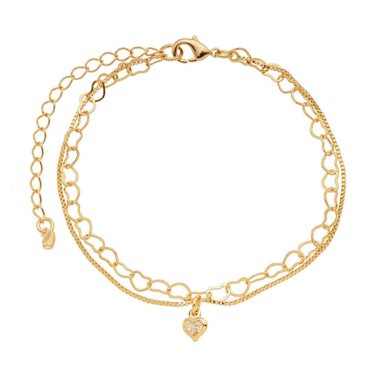 Pulseira dupla com corações banhada a ouro 18k