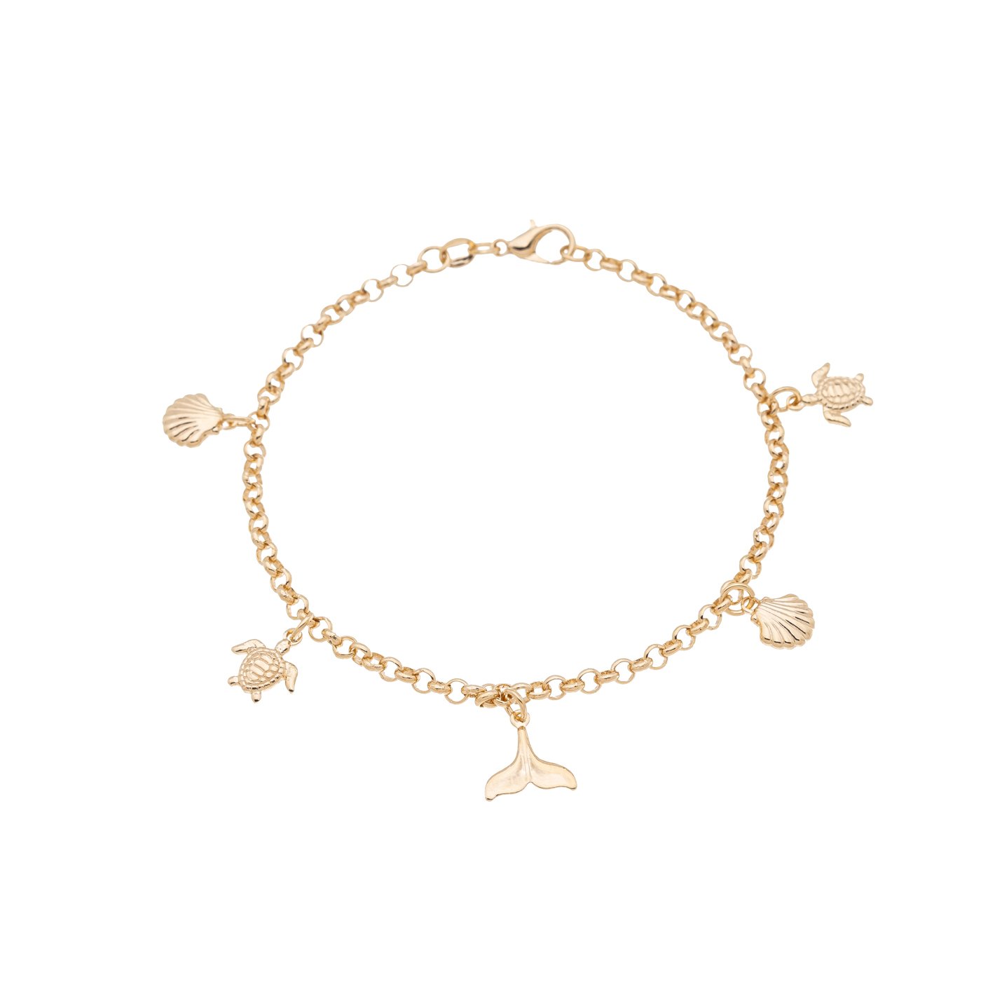 Pulseira com concha, cauda de sereia e tartaruga marinha banhada a ouro 18k