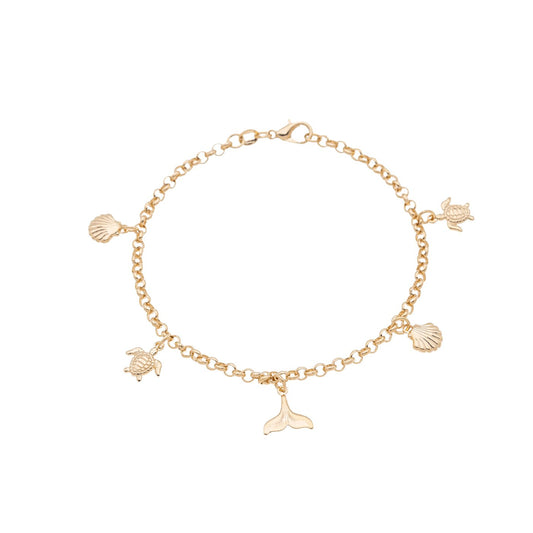Pulseira com concha, cauda de sereia e tartaruga marinha banhada a ouro 18k