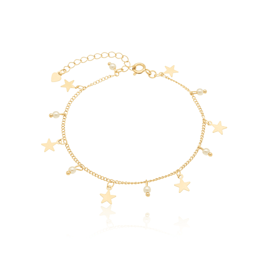 Pulseira com estrelas e pérolas banhada a ouro 18k