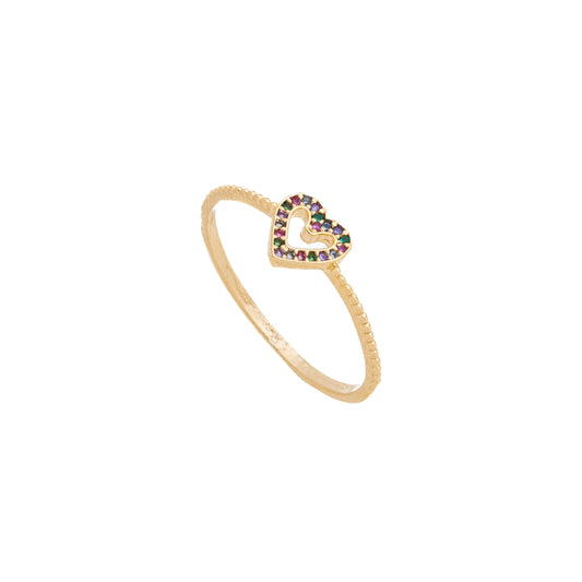 Anel coração com zircônias coloridas banhado a ouro 18k