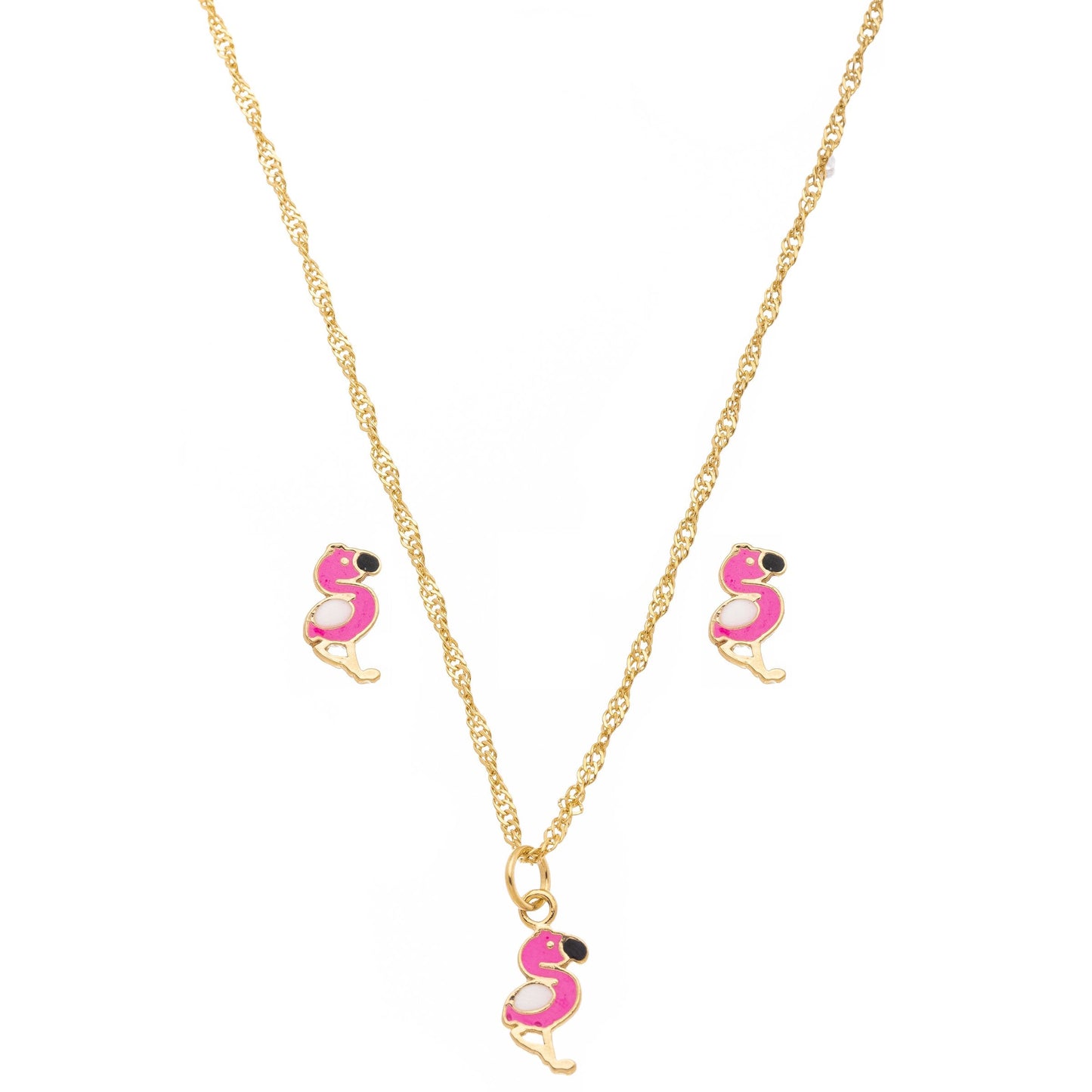 Conjunto infantil de flamingo resinado banhado a ouro 18k - Biju & Cia.
