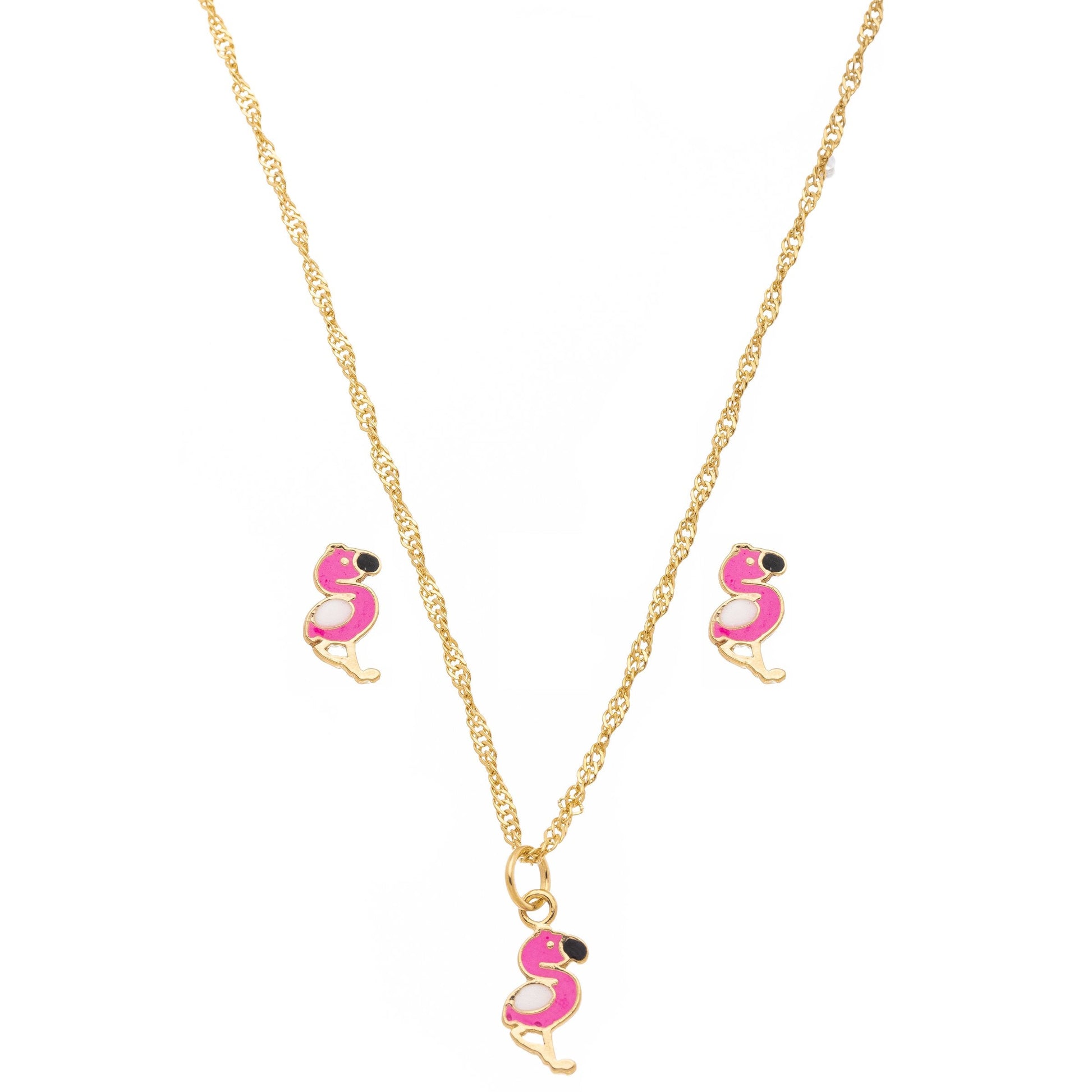 Conjunto infantil de flamingo resinado banhado a ouro 18k - Biju & Cia.