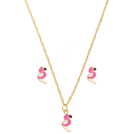 Conjunto infantil de flamingo resinado banhado a ouro 18k - Biju & Cia.