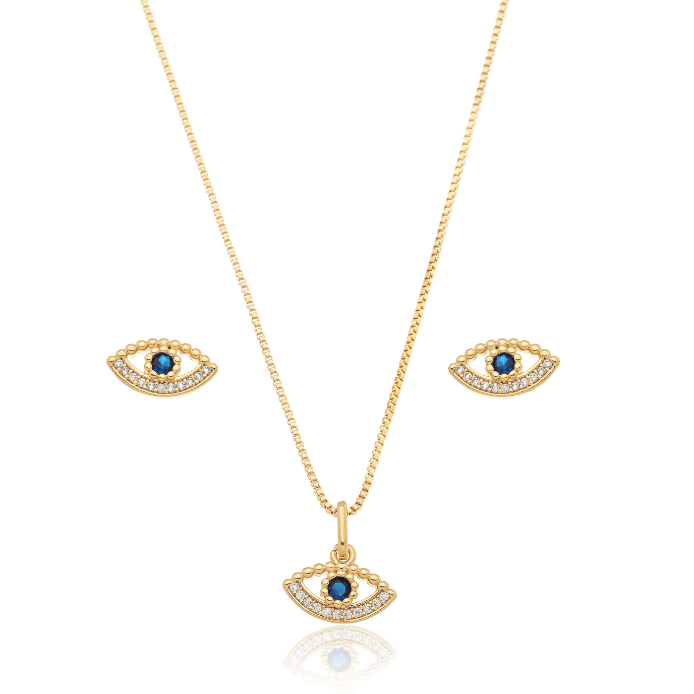 Conjunto de brinco e gargantilha de olho grego com zircônias banhado a ouro 18k - Biju & Cia.