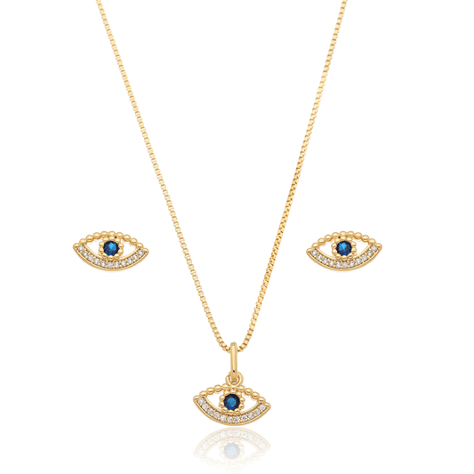 Conjunto de brinco e gargantilha de olho grego com zircônias banhado a ouro 18k - Biju & Cia.