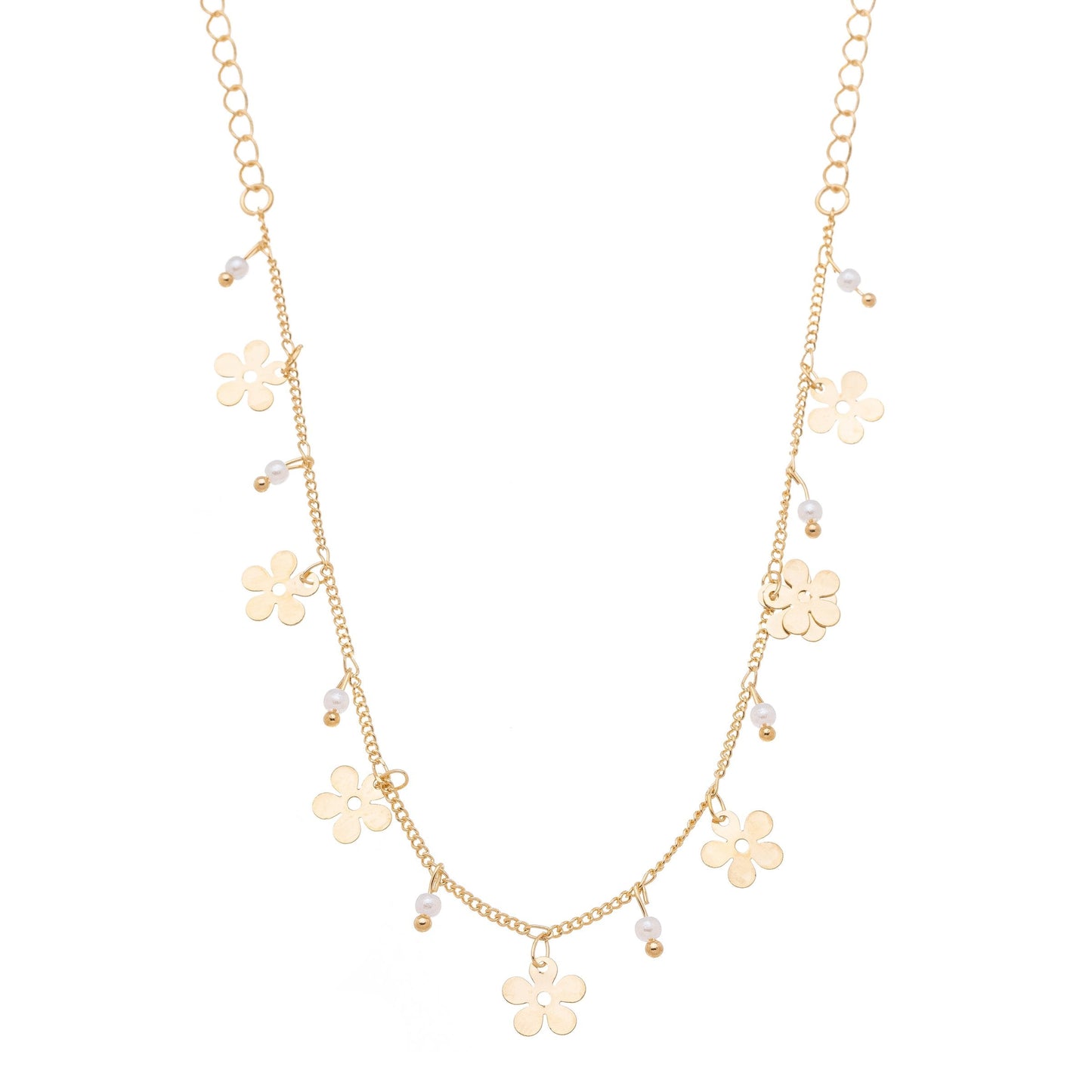 Gargantilha com pingentes de flores e pérolas banhada a ouro 18k - Biju & Cia.