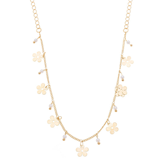 Gargantilha com pingentes de flores e pérolas banhada a ouro 18k - Biju & Cia.