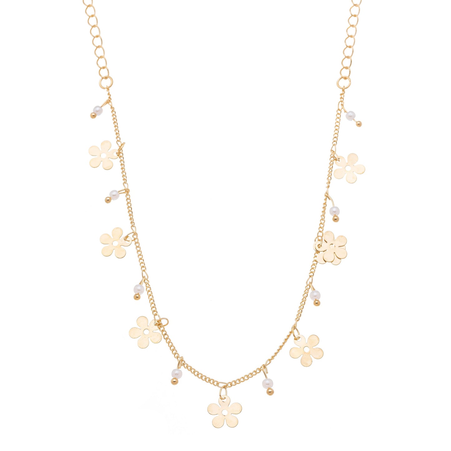 Gargantilha com pingentes de flores e pérolas banhada a ouro 18k - Biju & Cia.