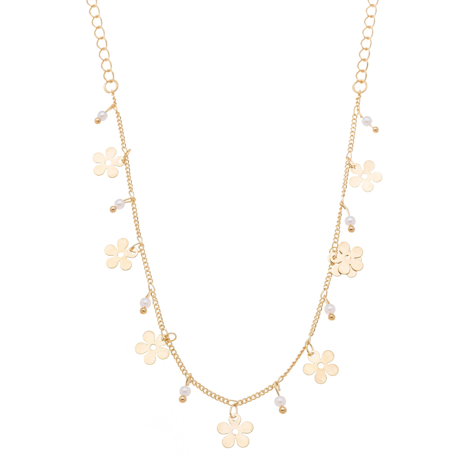 Gargantilha com pingentes de flores e pérolas banhada a ouro 18k - Biju & Cia.