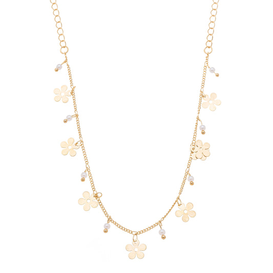 Gargantilha com pingentes de flores e pérolas banhada a ouro 18k - Biju & Cia.