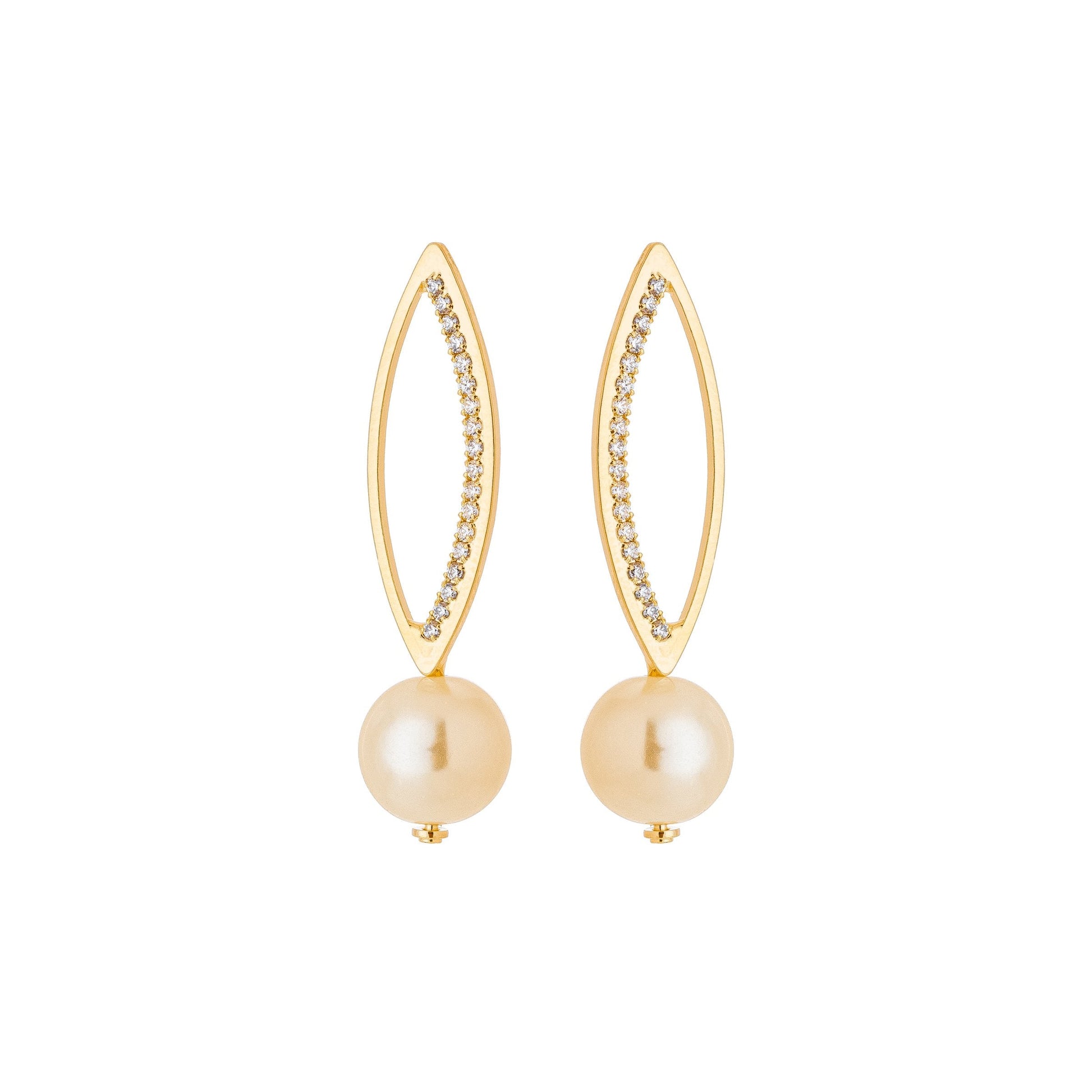 Brinco de navete com zircônia e pérola banhado a ouro 18k - Biju & Cia.
