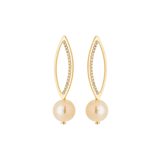 Brinco de navete com zircônia e pérola banhado a ouro 18k - Biju & Cia.