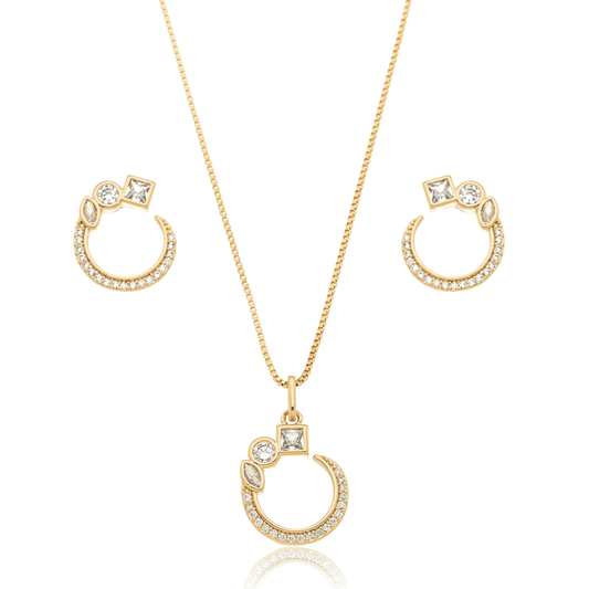 Conjunto de brinco e gargantilha de círculo com zircônias banhado a ouro 18k - Biju & Cia.