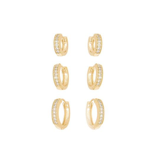 Trio de argolas com zircônia banhado a ouro 18k