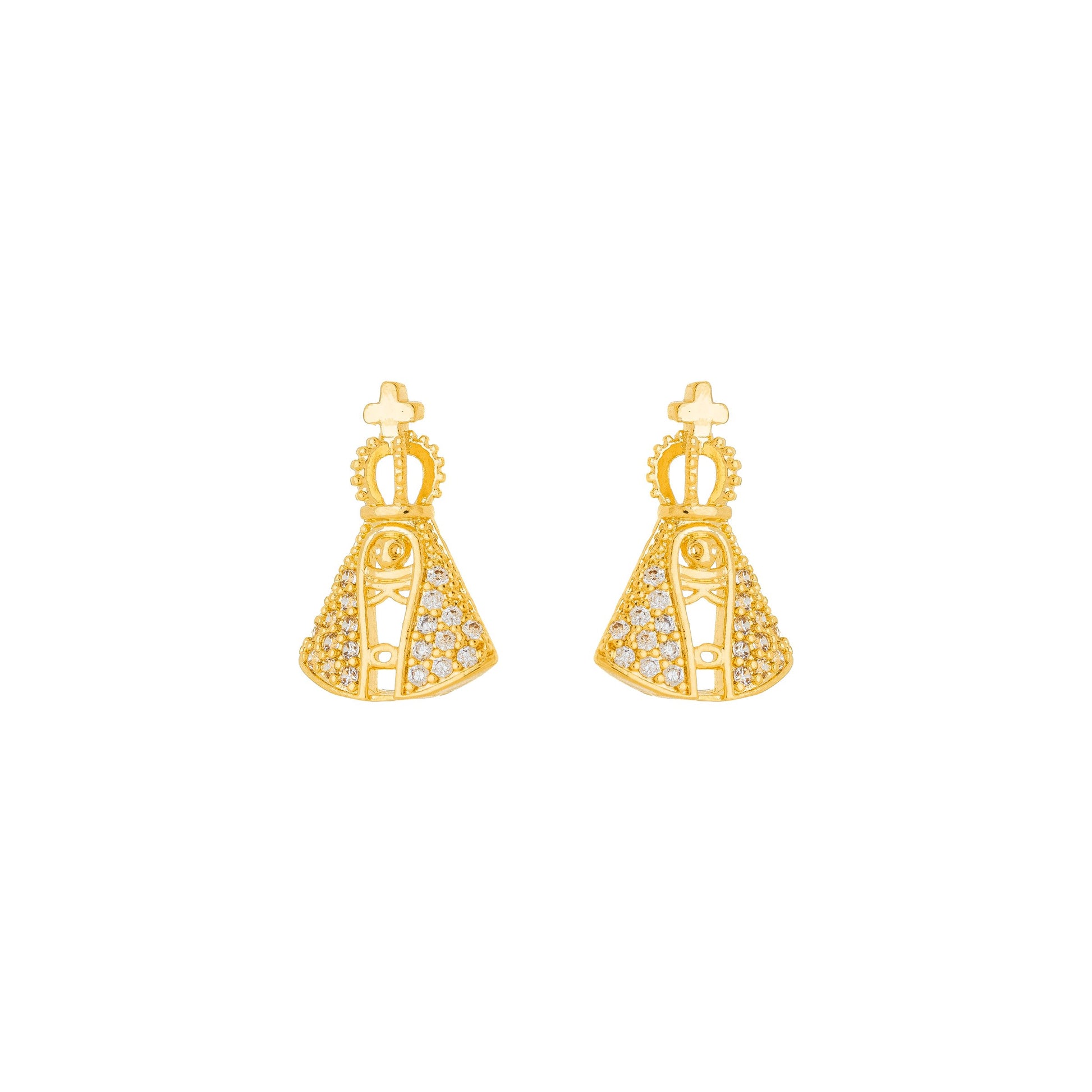 Brinco de Nossa Senhora Aparecida cravejada de zircônia banhado a ouro 18k - Biju & Cia.