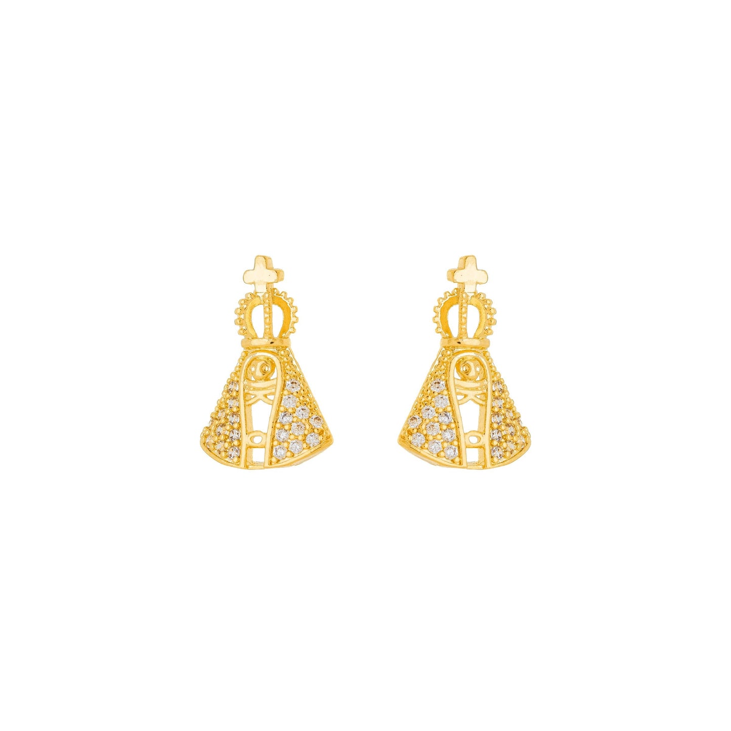 Brinco de Nossa Senhora Aparecida cravejada de zircônia banhado a ouro 18k - Biju & Cia.
