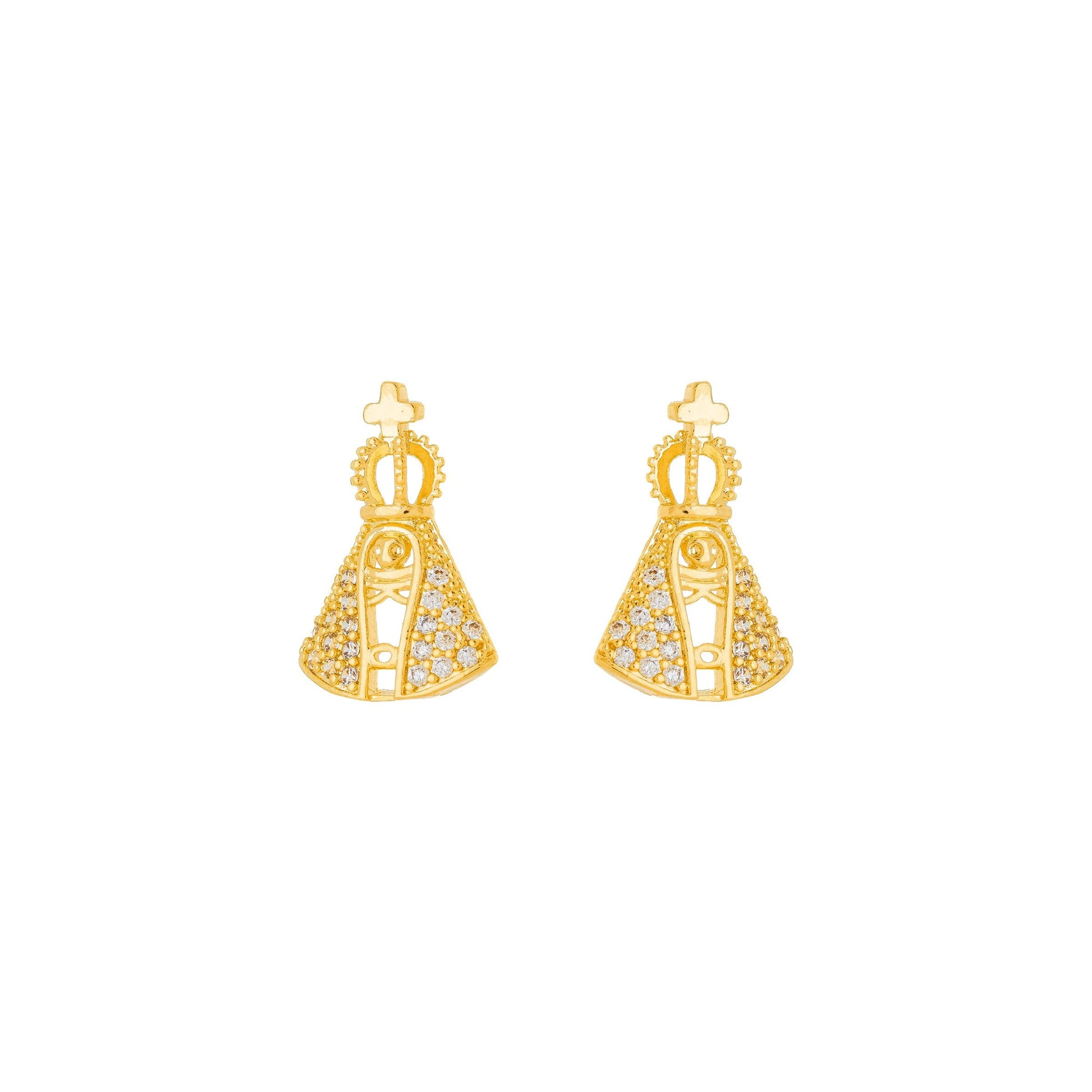 Brinco de Nossa Senhora Aparecida cravejada de zircônia banhado a ouro 18k - Biju & Cia.