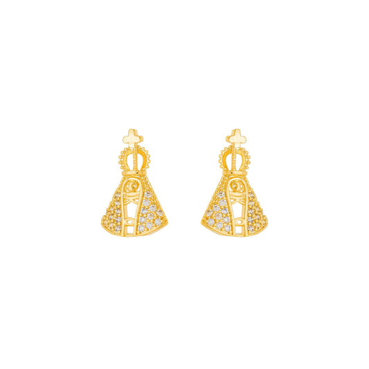 Brinco de Nossa Senhora Aparecida cravejada de zircônia banhado a ouro 18k - Biju & Cia.