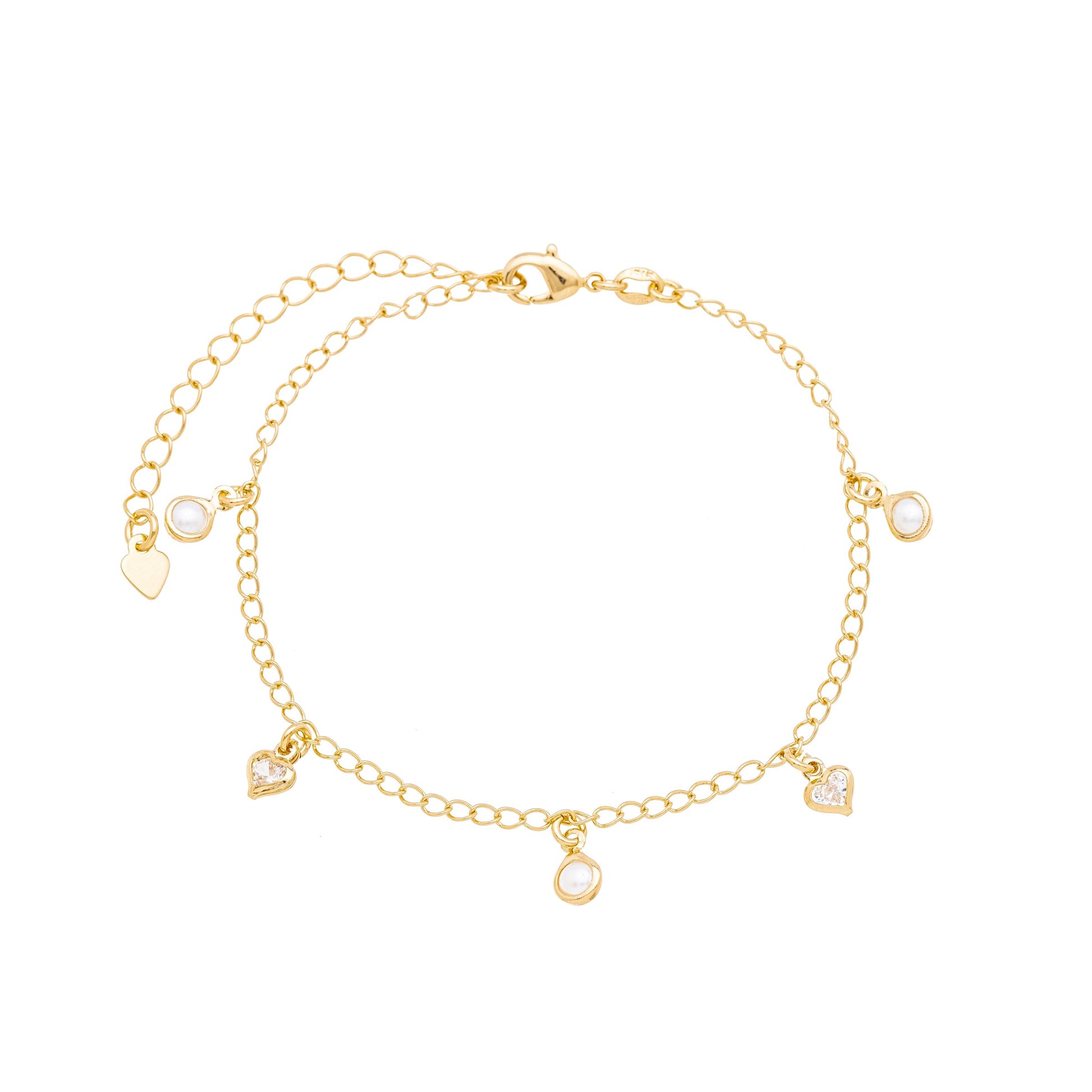 Pulseira pérolas e corações banhada a ouro 18k - Biju & Cia.