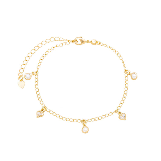 Pulseira pérolas e corações banhada a ouro 18k - Biju & Cia.