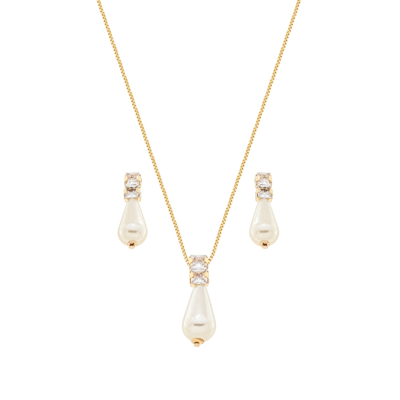 Conjunto pérola gota com zircônias banhado a ouro 18k