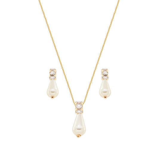 Conjunto pérola gota com zircônias banhado a ouro 18k
