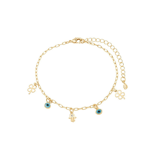 Pulseira com trevo, olho grego e mão de fátima banhada a ouro 18k - Biju & Cia.